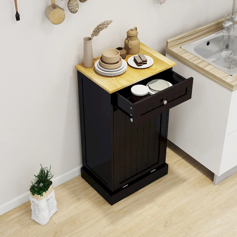 Tilt-Out Kitchen Trash Cabinet, MDF, UV Painted, Fits 10-Gallon Cans, Black or White