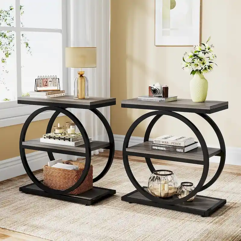 Industrial 3-Shelf Narrow End Table – Brown / Grey / Oak / Yellow