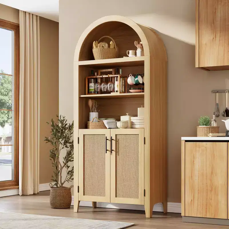 Arched Bookcase with Doors - 5 Tier Open Display Shelf with Rattan Decor, Modern Bookshelf Storage Cabinet for Home Office Living Room Library