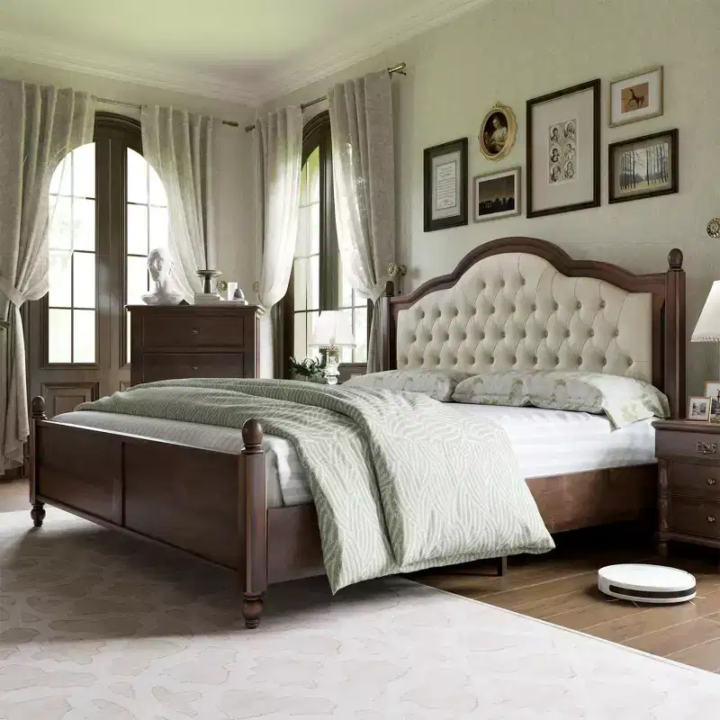 AMERLIFE Solid Wood Bed Frame, Transitional Platform Bed with 52.5 Upholstered Tufted Headboard, Walnut