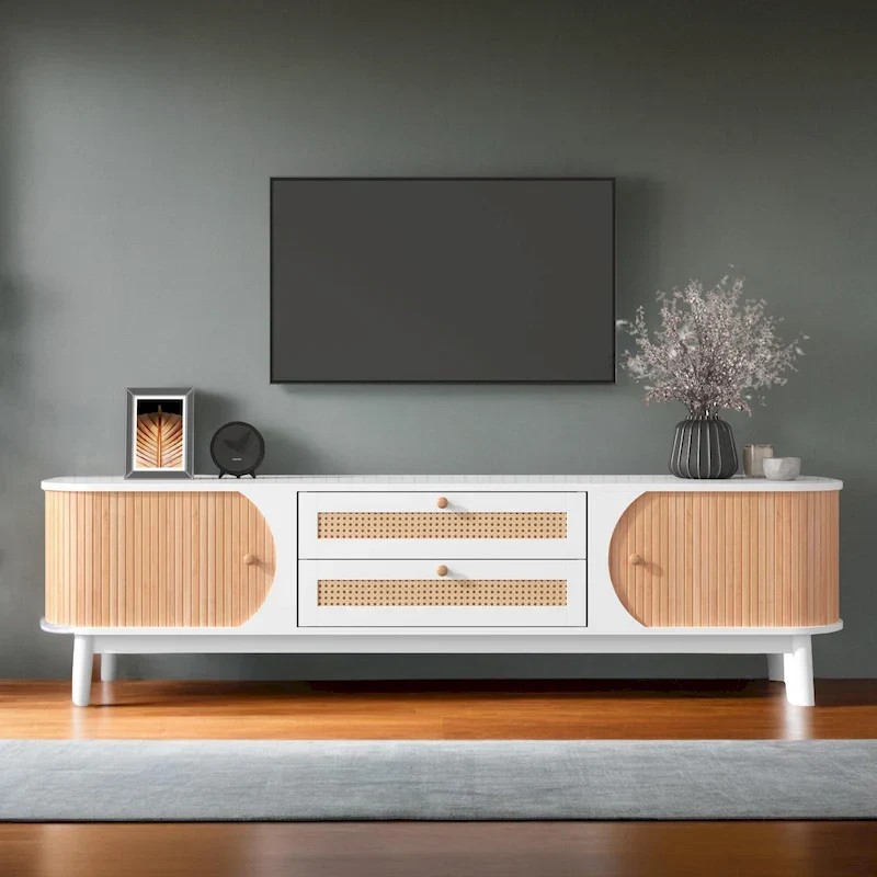 Rattan TV Stand for TVs Up to 75 Inches with Solid Wood Legs