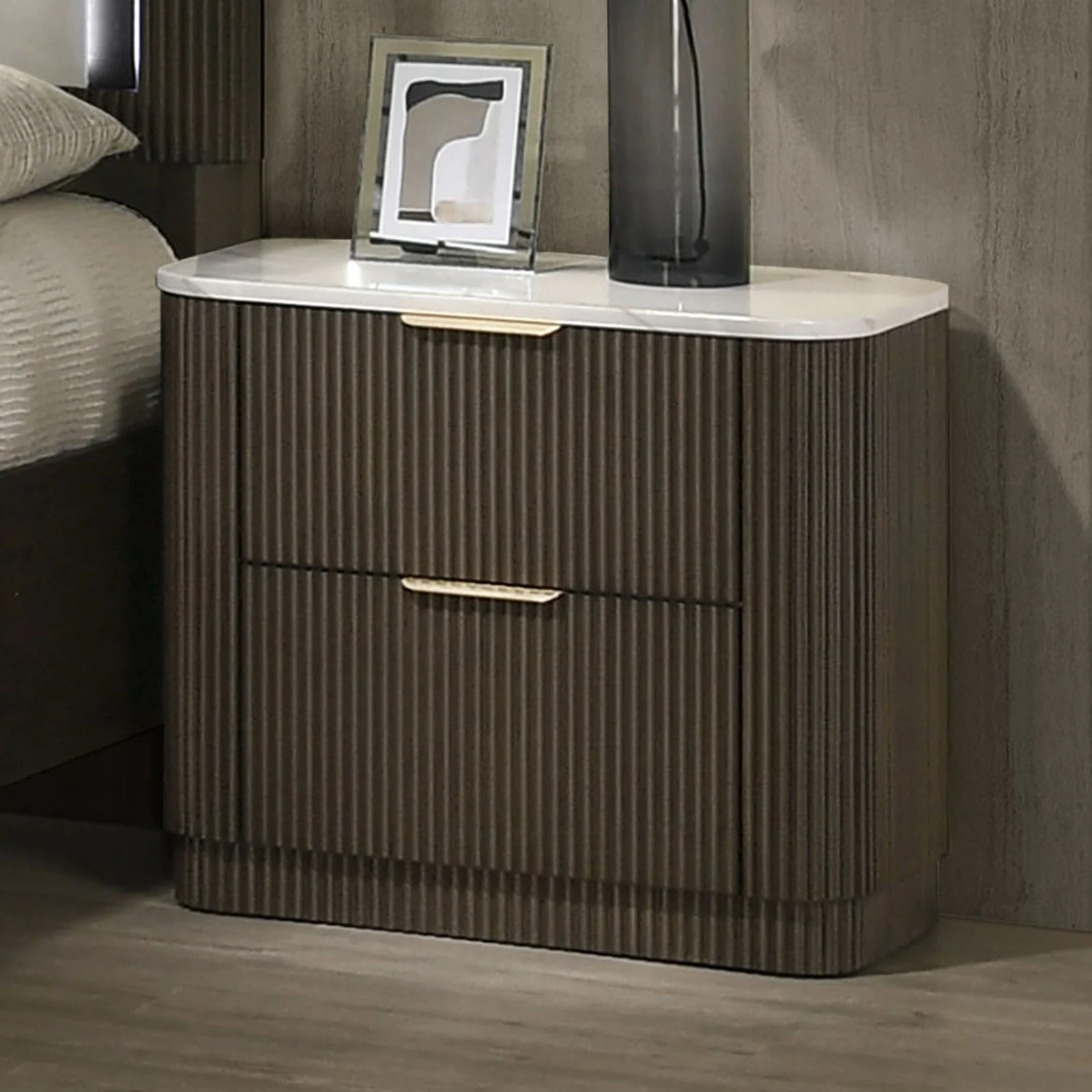 Contemporary Reeded Marble Top Two Drawer Nightstand with Plinth Base
