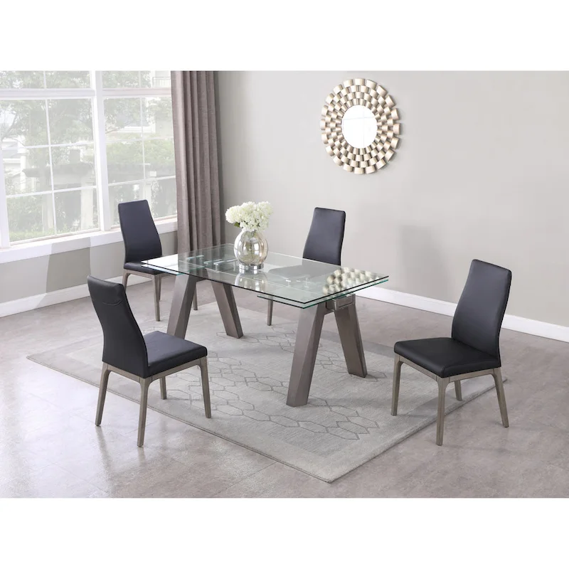 Modern Extendable Glass Top Dining Table with Solid Wood Legs - Seats 6-8