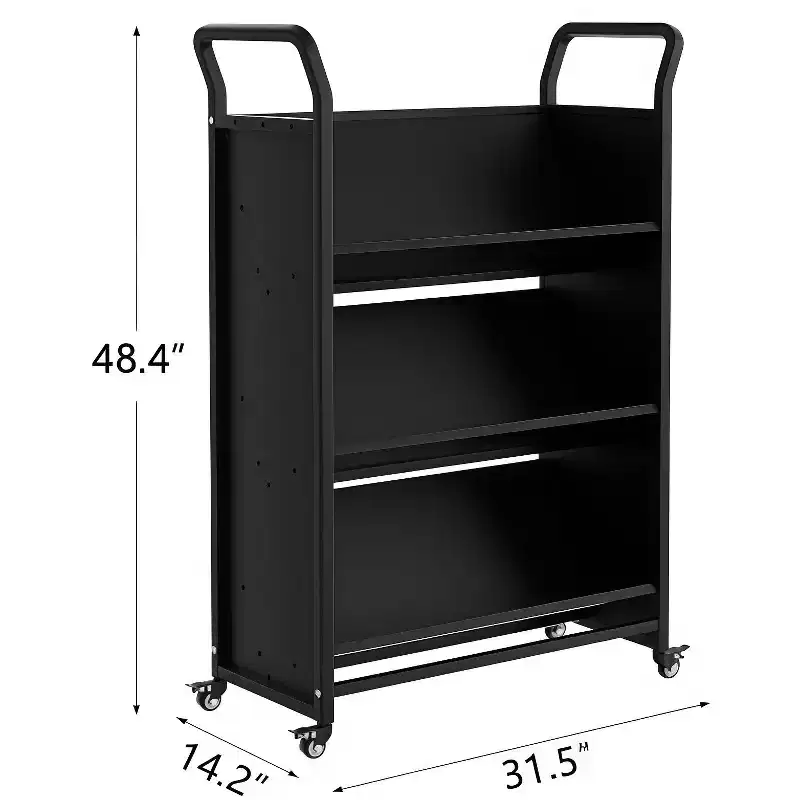 Metal Rolling Book Storage Cart, V-Shaped 3-Tier Display Shelf with Side Hooks & 4 Lockable Wheels - Black