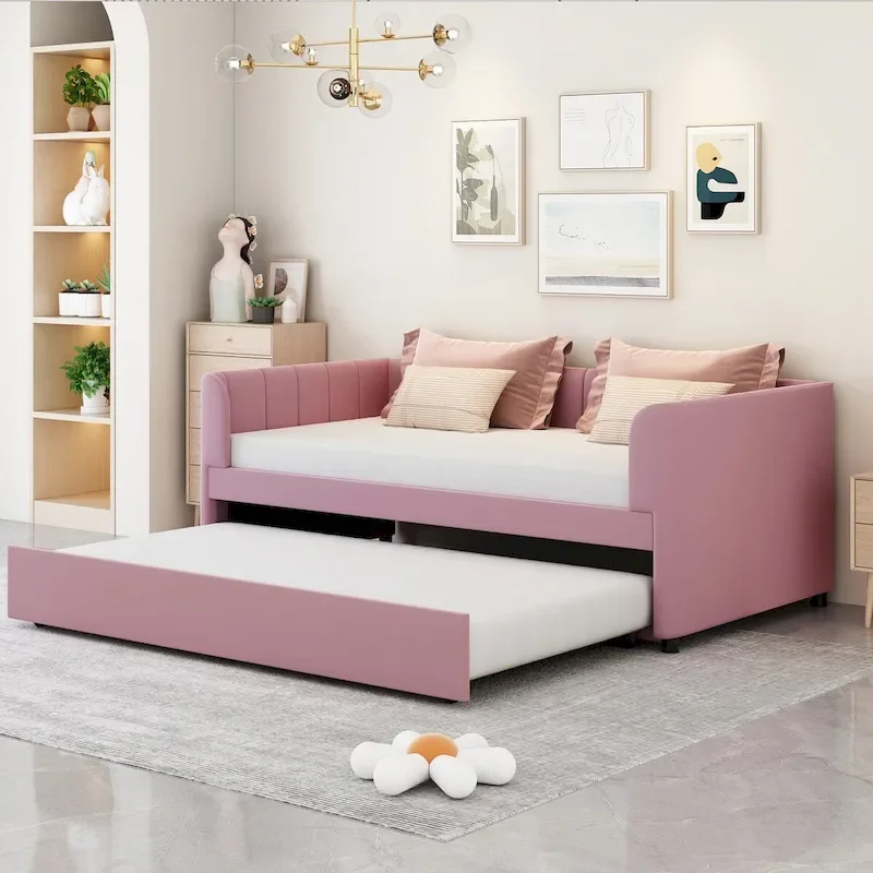 Twin Size Upholstered Daybed with Backrest and Trundle