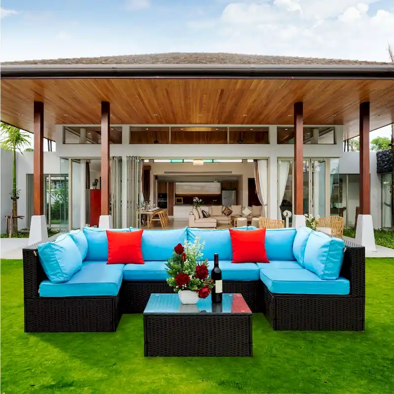 Black+Blue 5 Pieces PE Rattan All-Weather Sectional Outdoor Furniture Set with Comfort Cushions and Pillows and Coffee Table