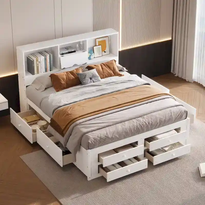 White Modern King Platform Bed with Storage Headboard & 8 Drawers – 1-Sleeper