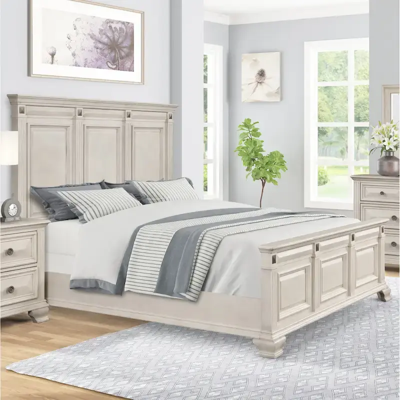 Renova Distressed Parchment Wood Bedroom Set, Panel Bed, Dresser, Mirror, Nightstand