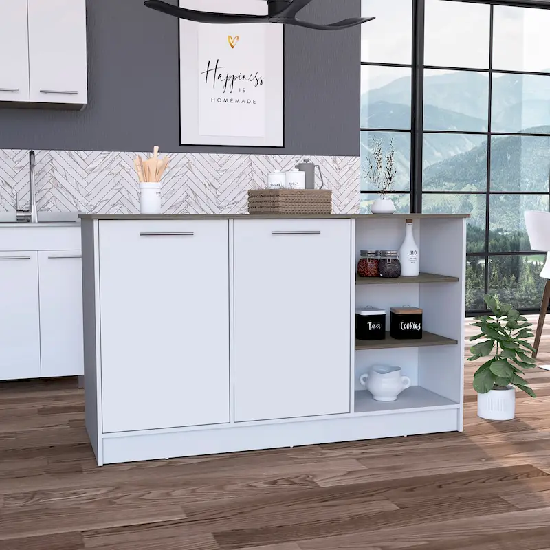 Kitchen Island with 2 Cabinets & 3 Open Shelves - 59W x 26D x 35H