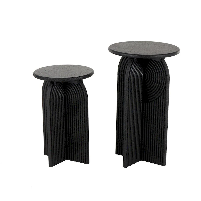 Wood Geometric Sandstone Carved Art Deco Arched Pedestal Side End Accent Table - Set of 2 Black -