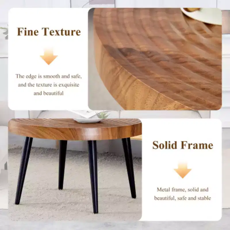 Walnut Finish, Annular Pattern, Black Metal Base, Solid 23.6 Round Coffee Table