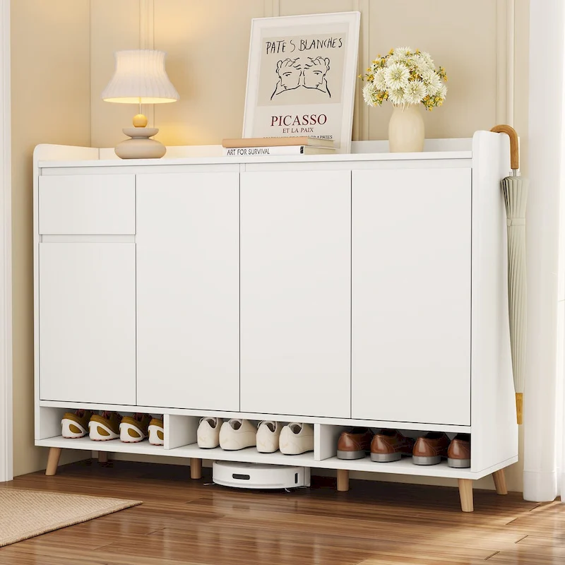 White/Black Minimalist Shoe Cabinet with Drawer, 2-Person Assembly, 3-Shelf Storage Sideboard