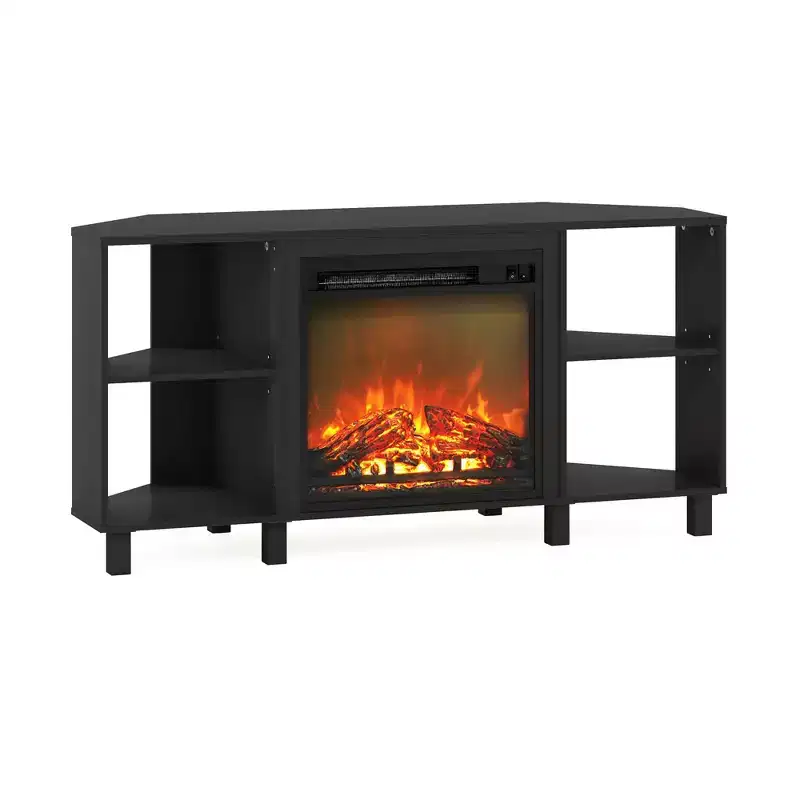 HOMLUX Corner Fireplace TV Stand for TVs up to 55, 4 Open Shelves, Black/Gray/White