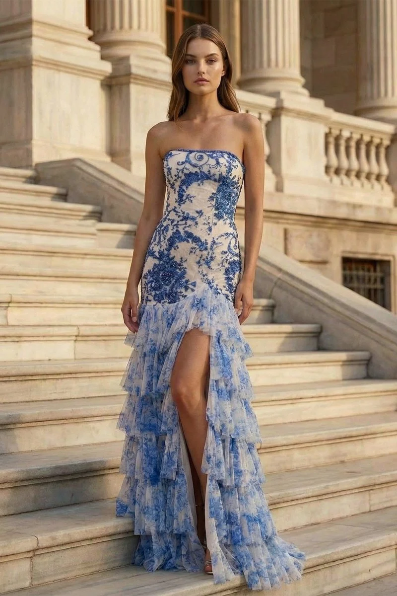 Blue Strapless Beaded Ruffle Tiered Mermaid Prom Dresses With Slit