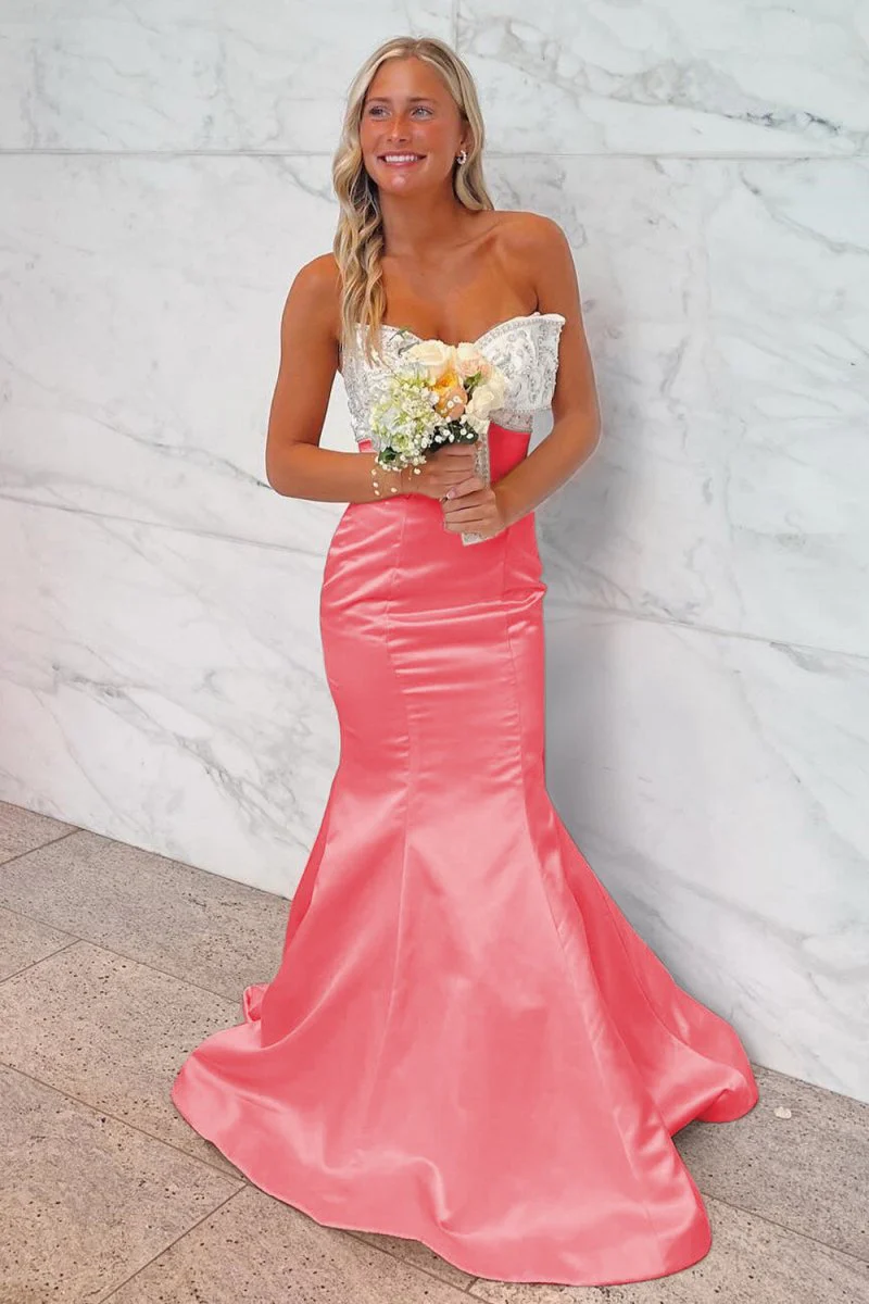 Pink Mermaid Satin Strapless Long Prom Dresses with Beaded Bow