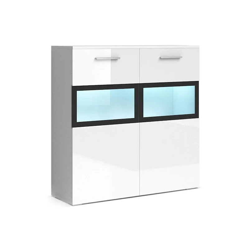 Semi-Gloss White / San Remo Oak Modern 2-Door Sideboard with Glass Display Cabinets & LED Lighting, 1-Person