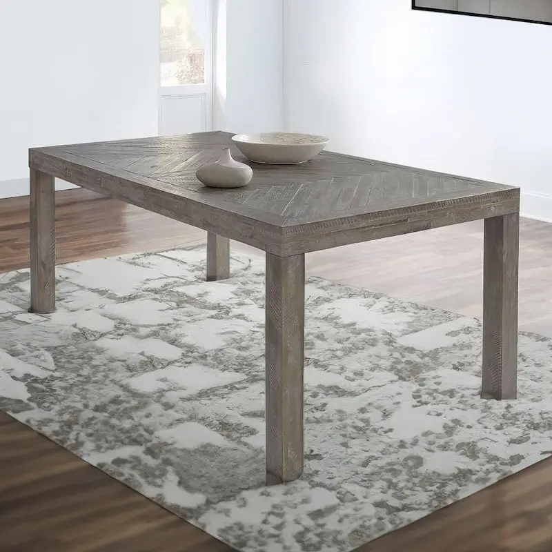 Gray Solid Acacia Wood Extendable Dining Table with Herringbone Pattern and Extension Leaf – 7-Person