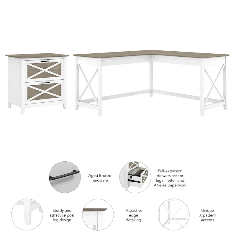 60W L Desk with 2 Drawer File Cabinet