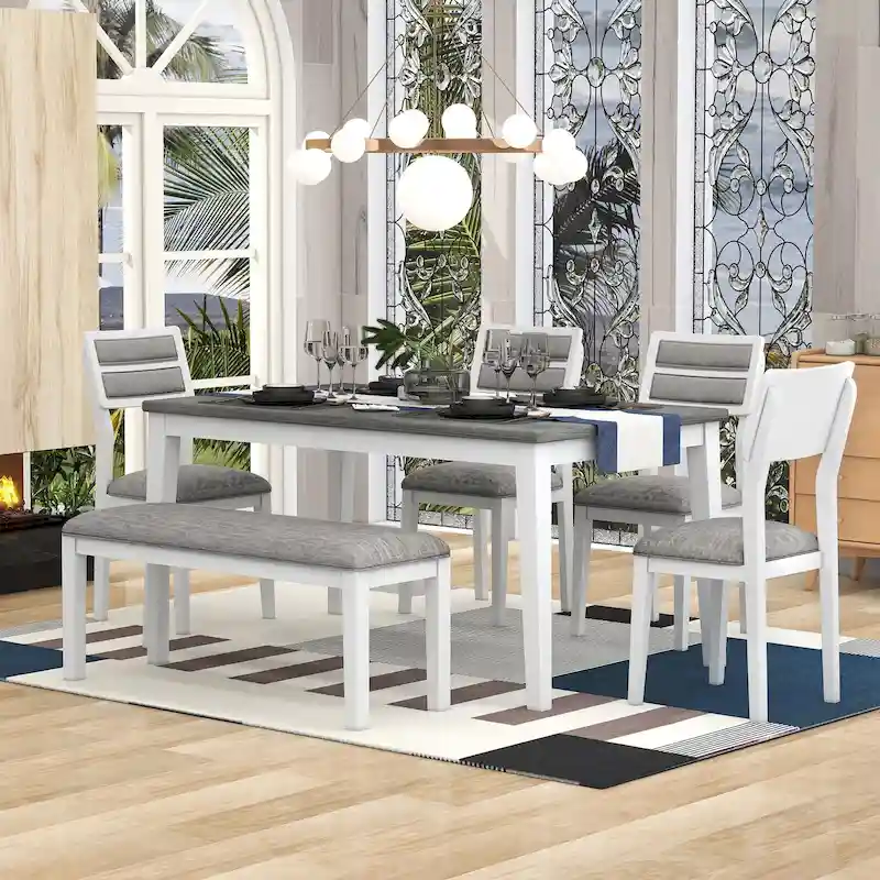6-Piece Wooden Dining Table Set with 4 Chairs & Bench