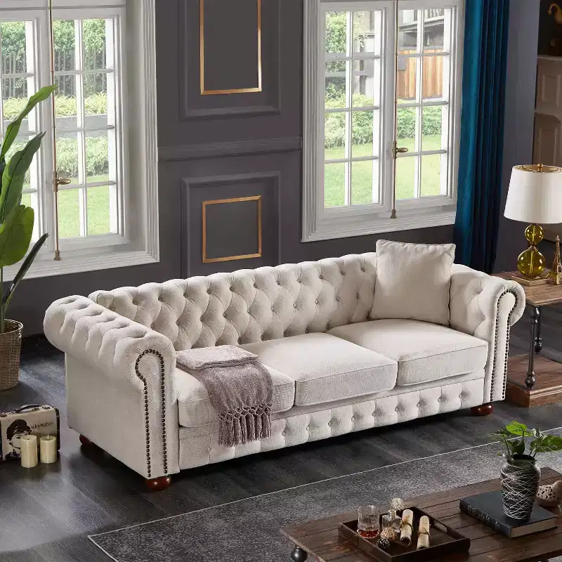 MAYEERTY Solid Wood & Metal Frame Sofa with Line Fabric Bronze Nail Solid Wood Legs for Living Room Office Beige