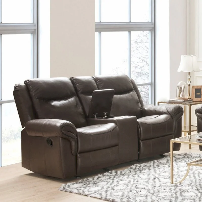 Leather Motion Loveseat with Console and USB Port in Brown