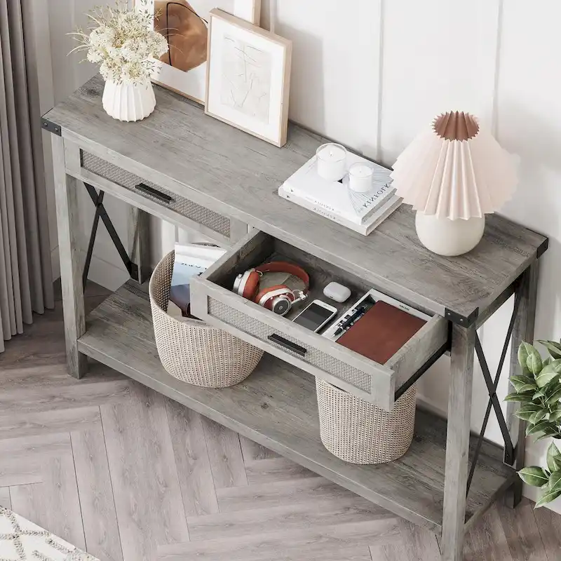 Console Table with Rattan Drawers, Farmhouse Sofa Table