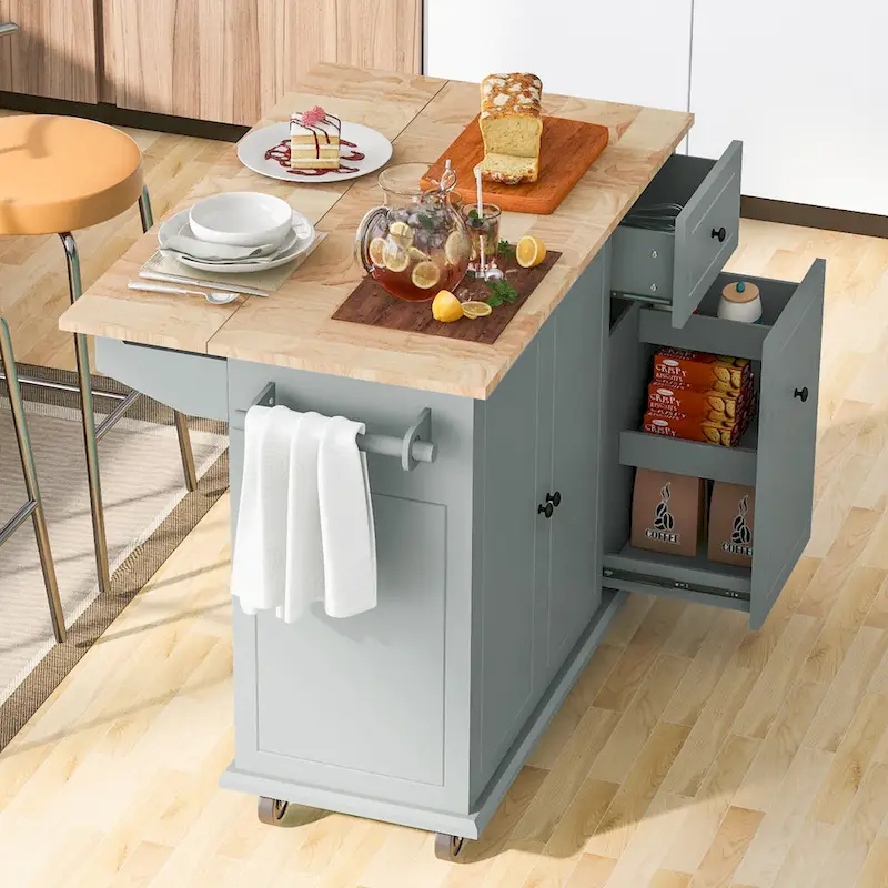 53.9 Width Rolling Kitchen Island with Drop Leaf and 3 Tier Pull Out Cabinet