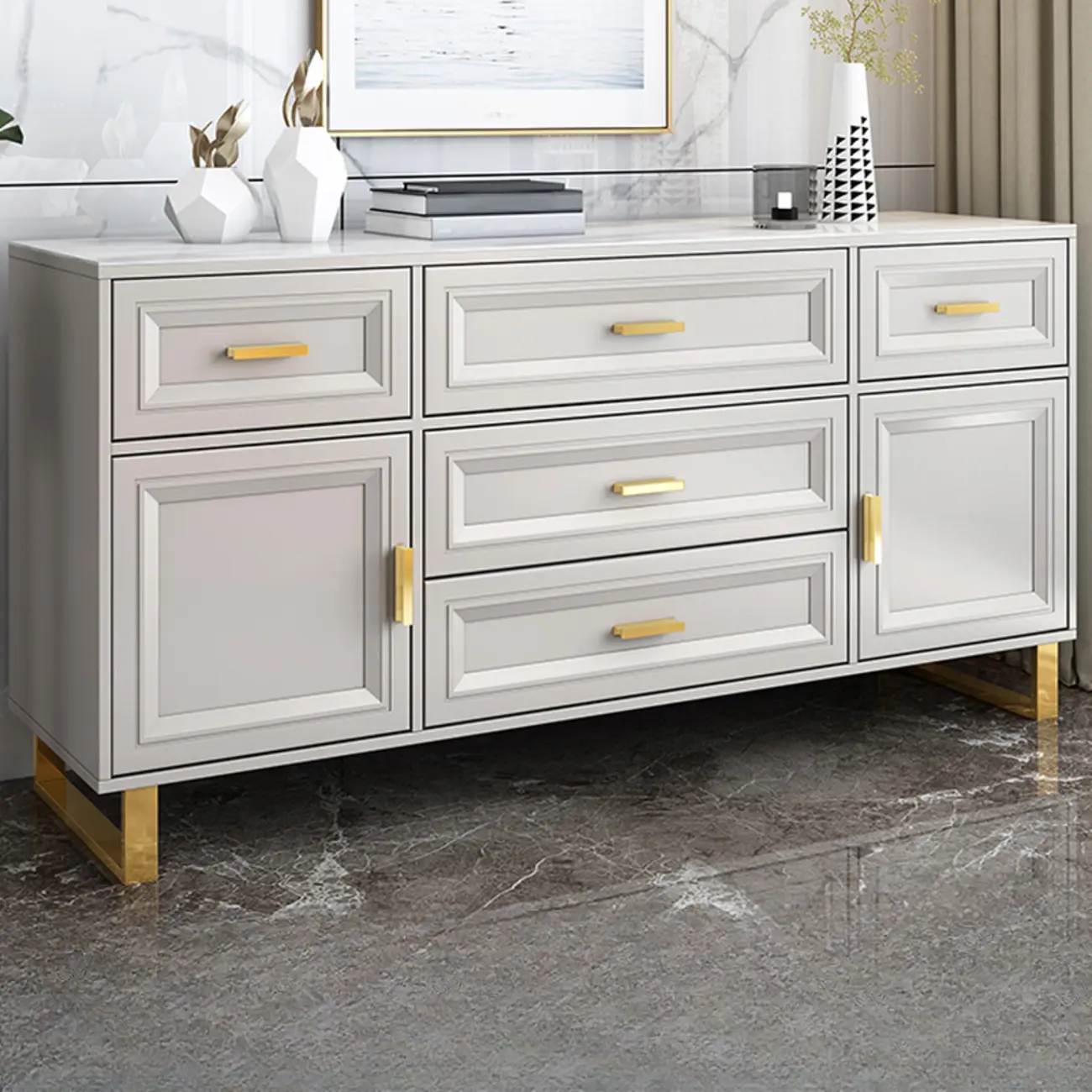Glam Grey Wooden Combo Dresser with 7-Drawers