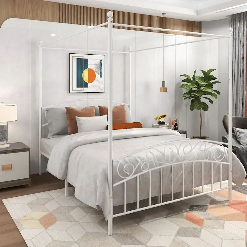 Metal Canopy Bed Frame with Ornate European Style Headboard & Footboard Sturdy Steel Fits Your Mattress Easy DIY