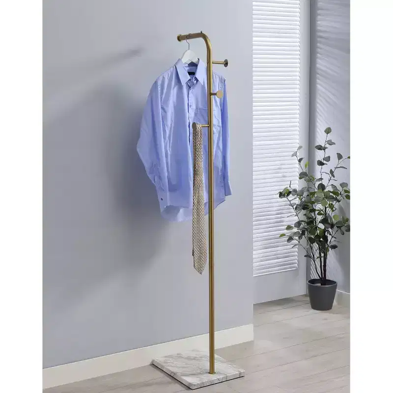 Kings Brand Furniture L Shape Coat Rack Contemporary Metal with Marble Base Slim Vertical Frame Peg Hooks for Bedroom Entryway Finish Gold