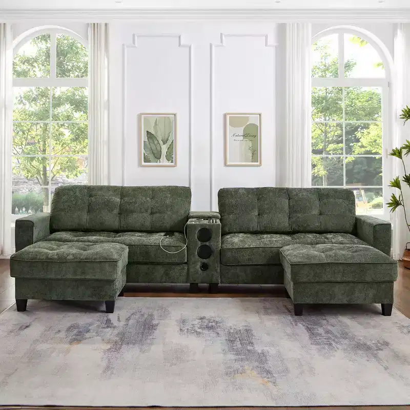 Whisen 126 Sectional Sofa with Center Console, Cup Holders, U-shaped Sectional, Built-in Bluetooth Speakers, and 2 Storage Ottomans for Living Room