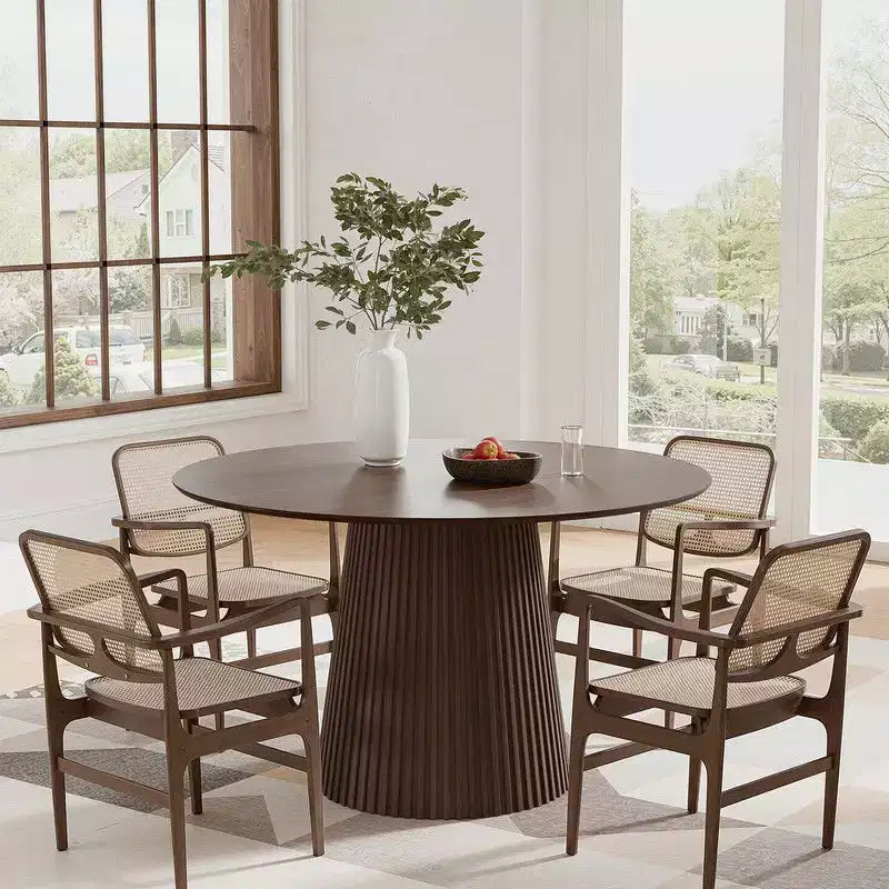 PexFix 46 Round Dining Table for 6 People Modern Pedestal Table with Fluted Cone Base & Wood MDF Top for Small Space Kitchen Dining Room Cafe Walnut