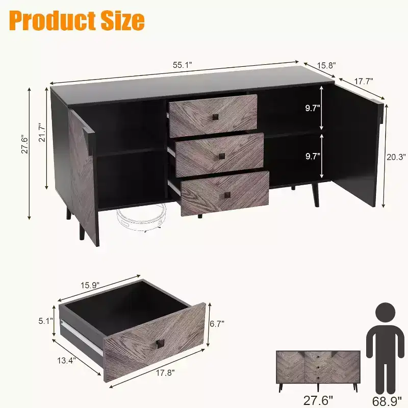 Garvee 55.1 Woodgrain 3-Drawer Storage Cabinet with Adjustable Shelf & Doors  Modern Sideboard Buffet for Dining Room
