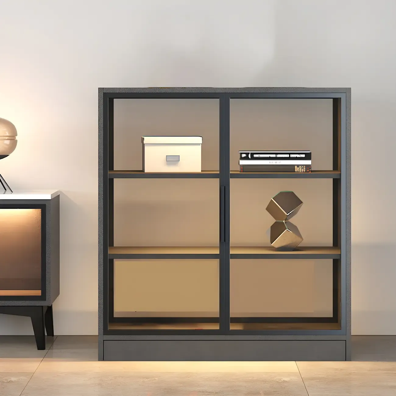 Square 2-Shelf Black Wooden Display Cabinet with Light