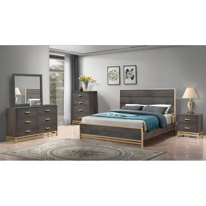 Wedro 5 Piece Dark Brown Rustic Panel Bedroom Set