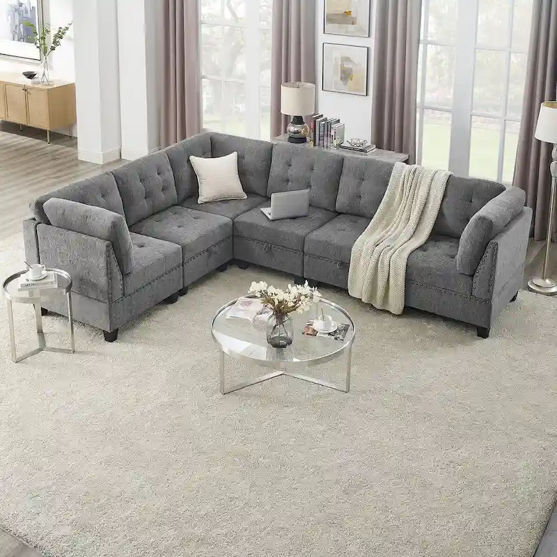 Grey Chenille Modular Sectional Sofa (6-Piece L-Shaped)