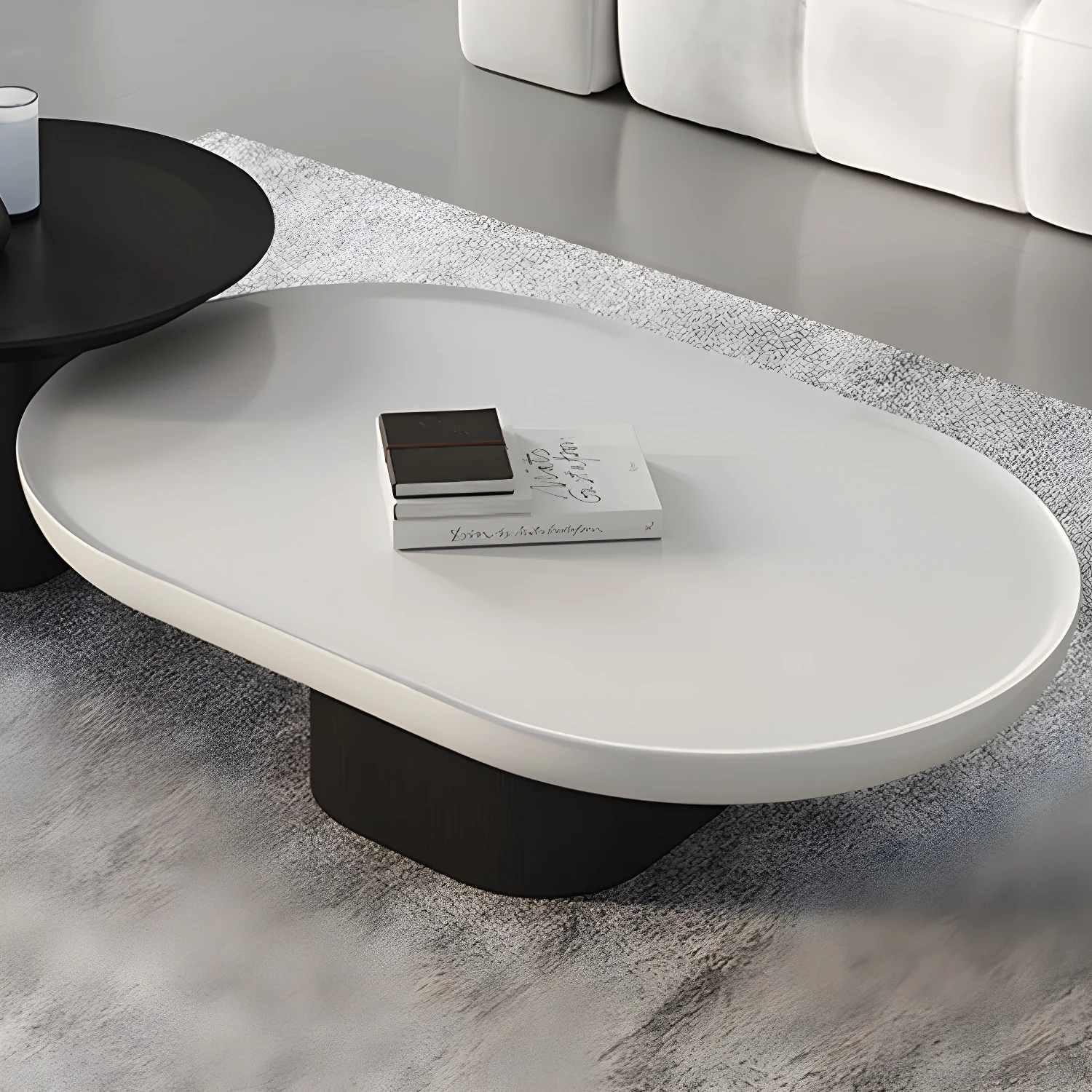 Modern Oval White Wood Coffee Table with Pedestal Base