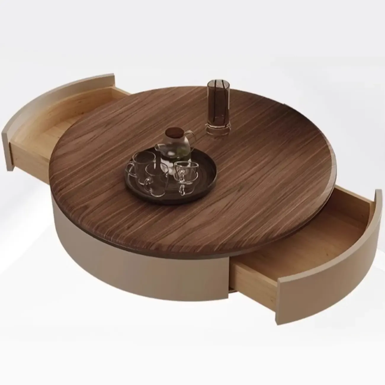 Brown 2 Drawers Elegant Round Wood Coffee Table