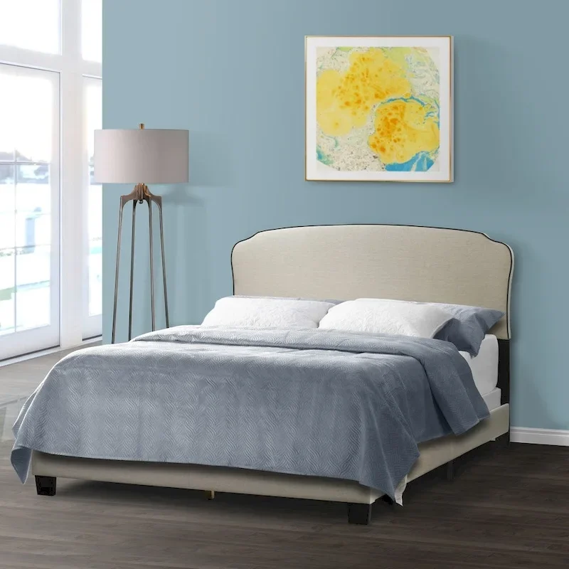 Aric Beige Fabric Queen Bed with Contrasting Piping Accent