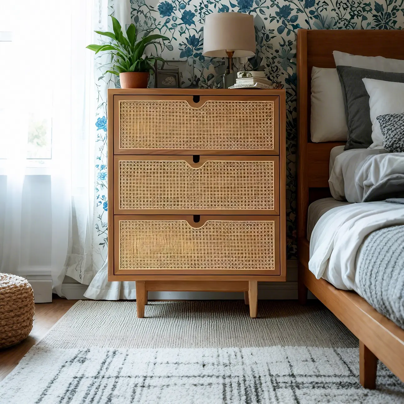 Tropical Brown Wooden 3 Drawers Rattan Chest for Storage