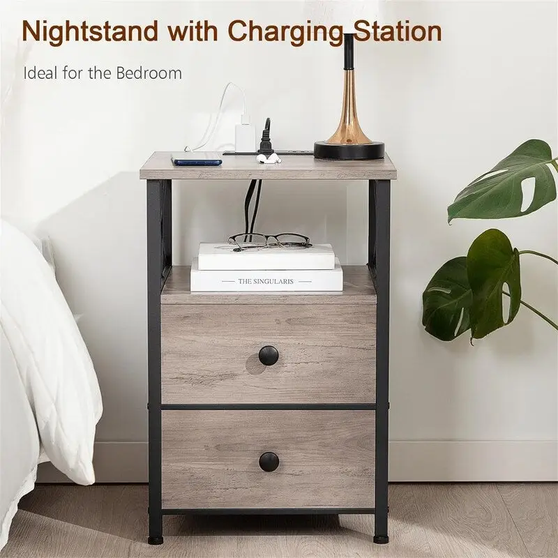 Nightstand with Charging Station and Fabric Drawers