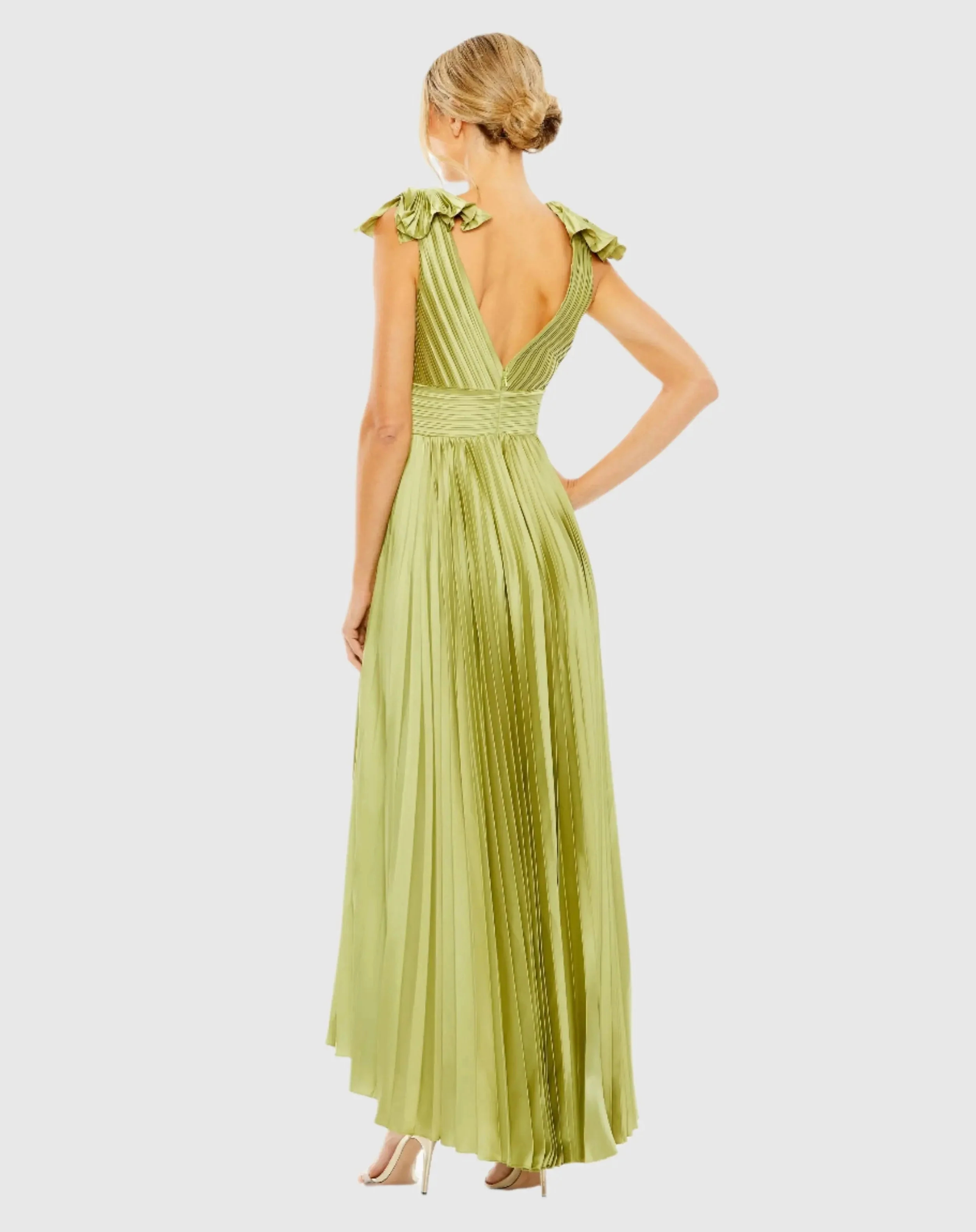 Green Ruffle Top Sleeveless V Neck Pleated Gown