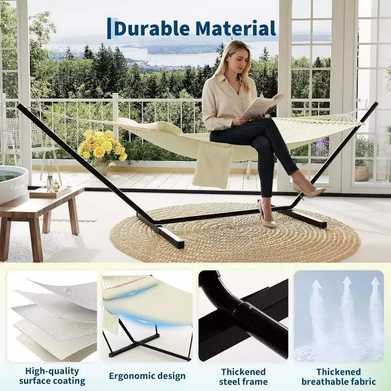 GustoWave Double Hammock with Stand and Pillow - 450 Lbs Capacity Heavy Duty Hammock, Large Outdoor Hammock for Patio Backyard Poolside