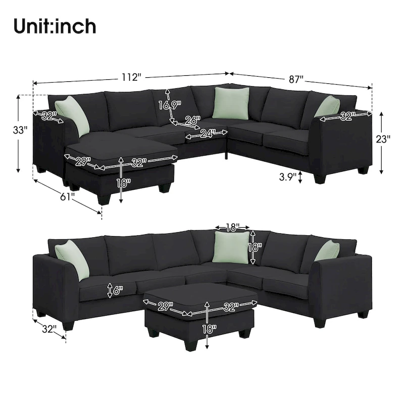 L-Shaped 7-Seats Modular Sectional Sofa with Ottoman with 3 Pillows