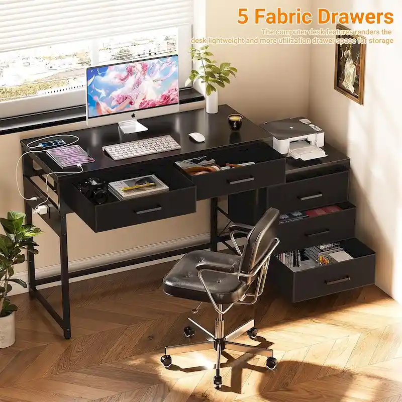 55 Computer Desk with 5 Fabric Drawers,Home Office Desk with Power Outlets  Printer Stand