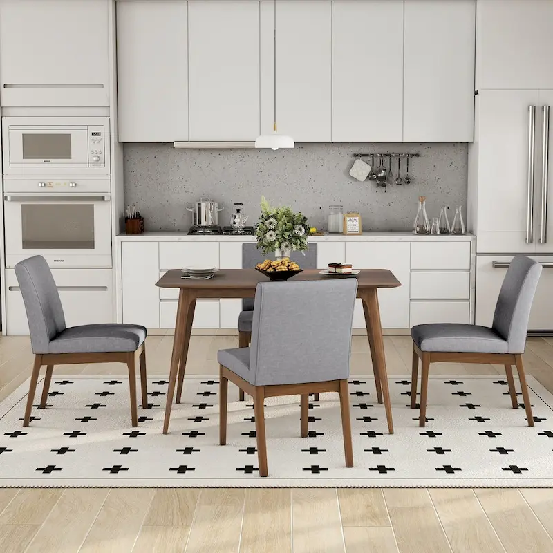 5 Piece Dining Table and Chair Set, Wooden Kitchen Furniture Set with Rectangular Table and 4 Upholstered Chairs