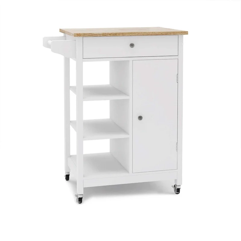White Rolling Kitchen Island with Towel Rack