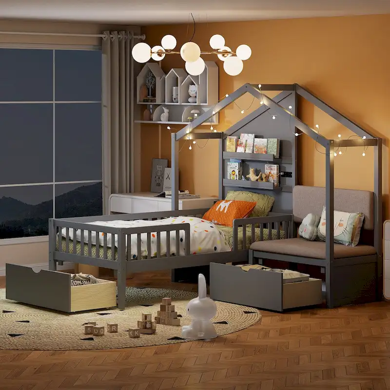 Grey/White Twin House Bed with Sofa & Storage, LED Light, for 1