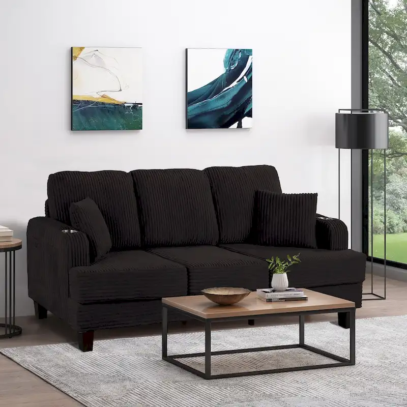 Black / Beige / Dark Gray Modern Corduroy 3-Seater Sofa with USB Ports, Cup Holders & 2 Pillows