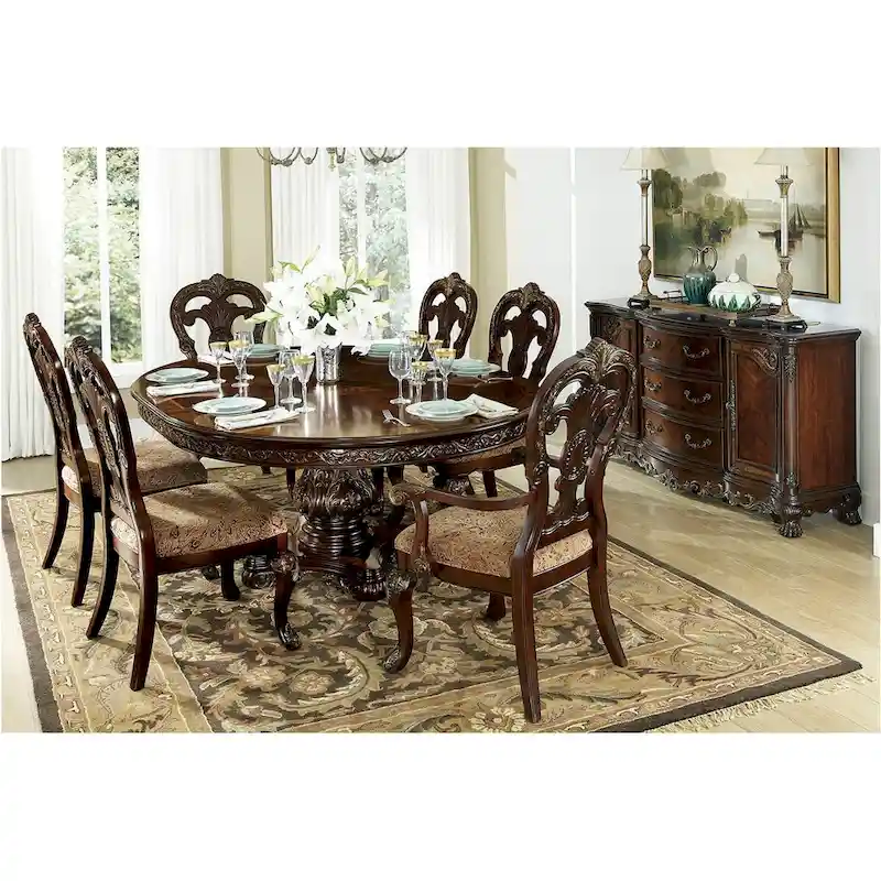 Shelby Cherry Traditional Fabric Oval Double Pedestal Dining Room Set